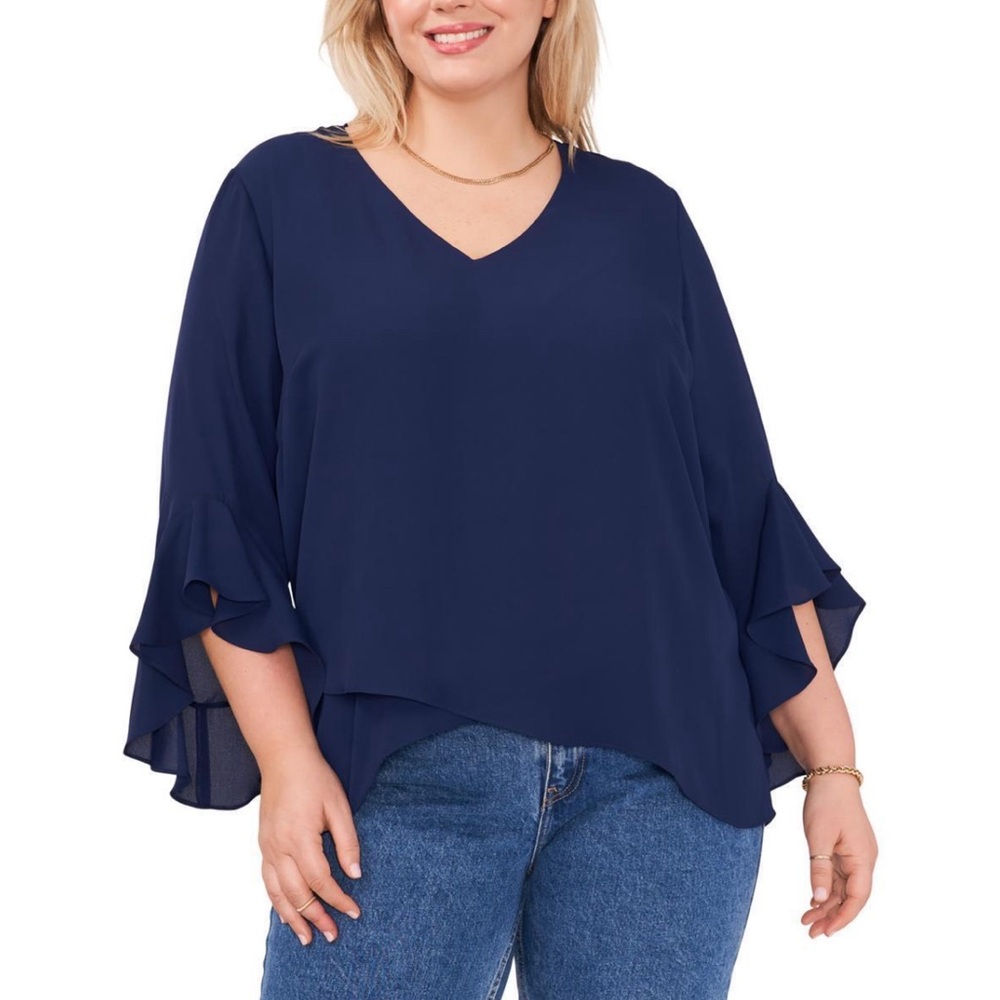 Lane Bryan Navy Blue Formal Flowy Blouse 22/24 Flutter Sleeves Covered Buttons